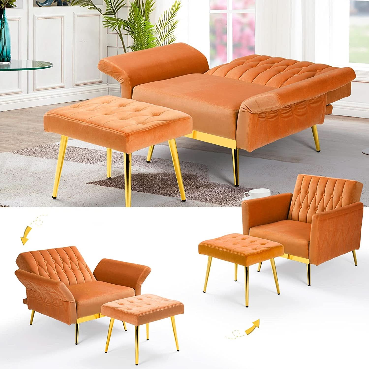 Orange Velvet Accent Chair With Adjustable Armrests And Backrest