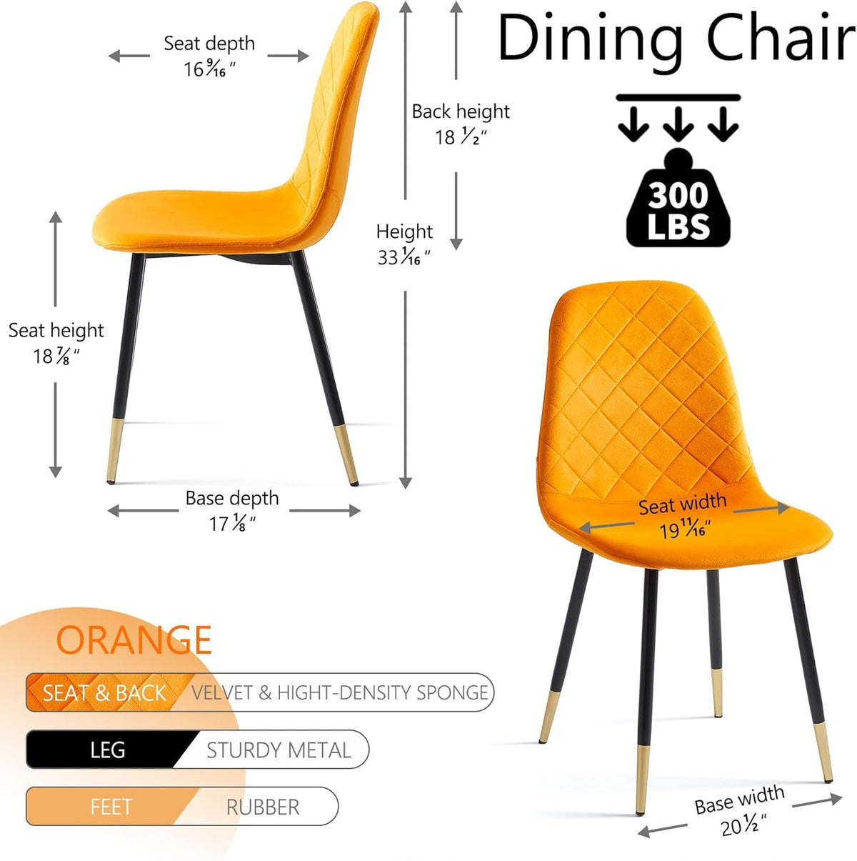 Orange Velvet Dining Chairs Set of 4 Metal Legs Backrest