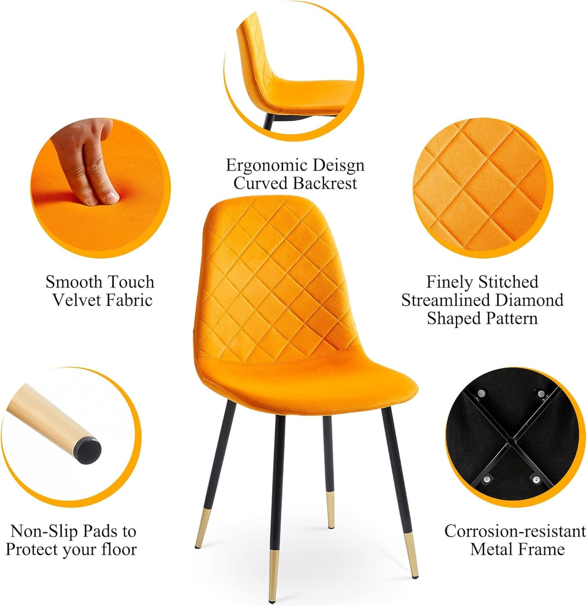 Orange Velvet Dining Chairs Set of 4 Metal Legs Backrest