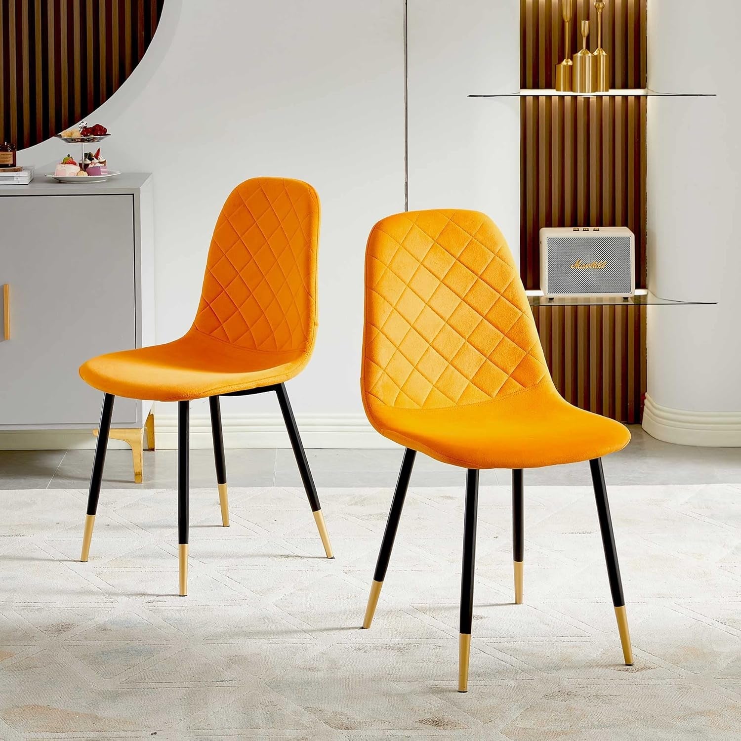 Orange Velvet Dining Chairs Set of 4 Metal Legs Backrest