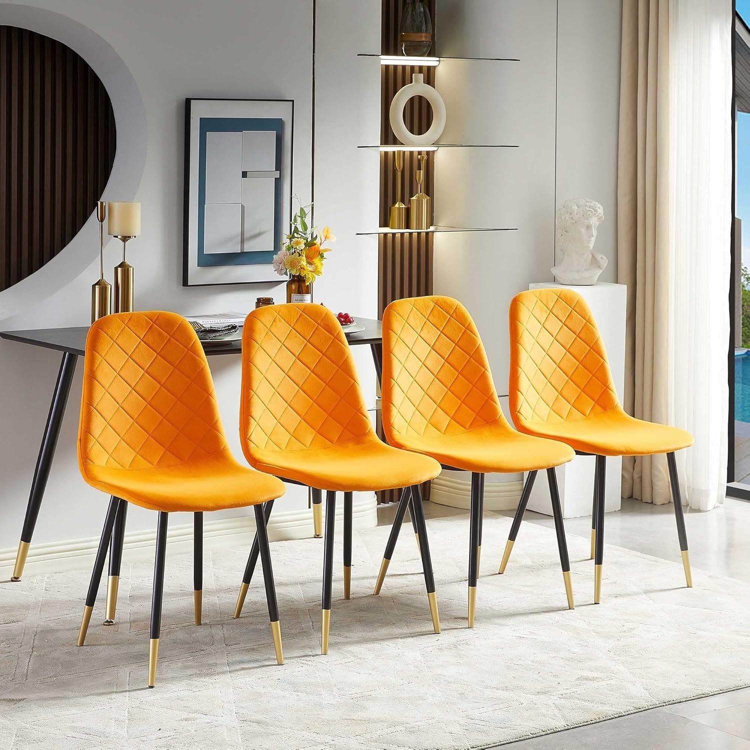 Orange Velvet Dining Chairs Set of 4 Metal Legs Backrest