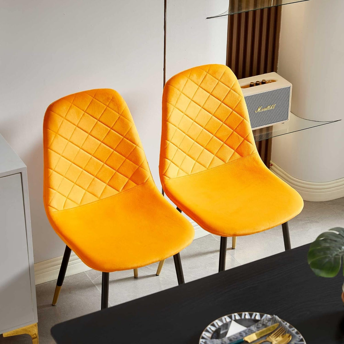 Orange Velvet Dining Chairs Set of 4 Metal Legs Backrest