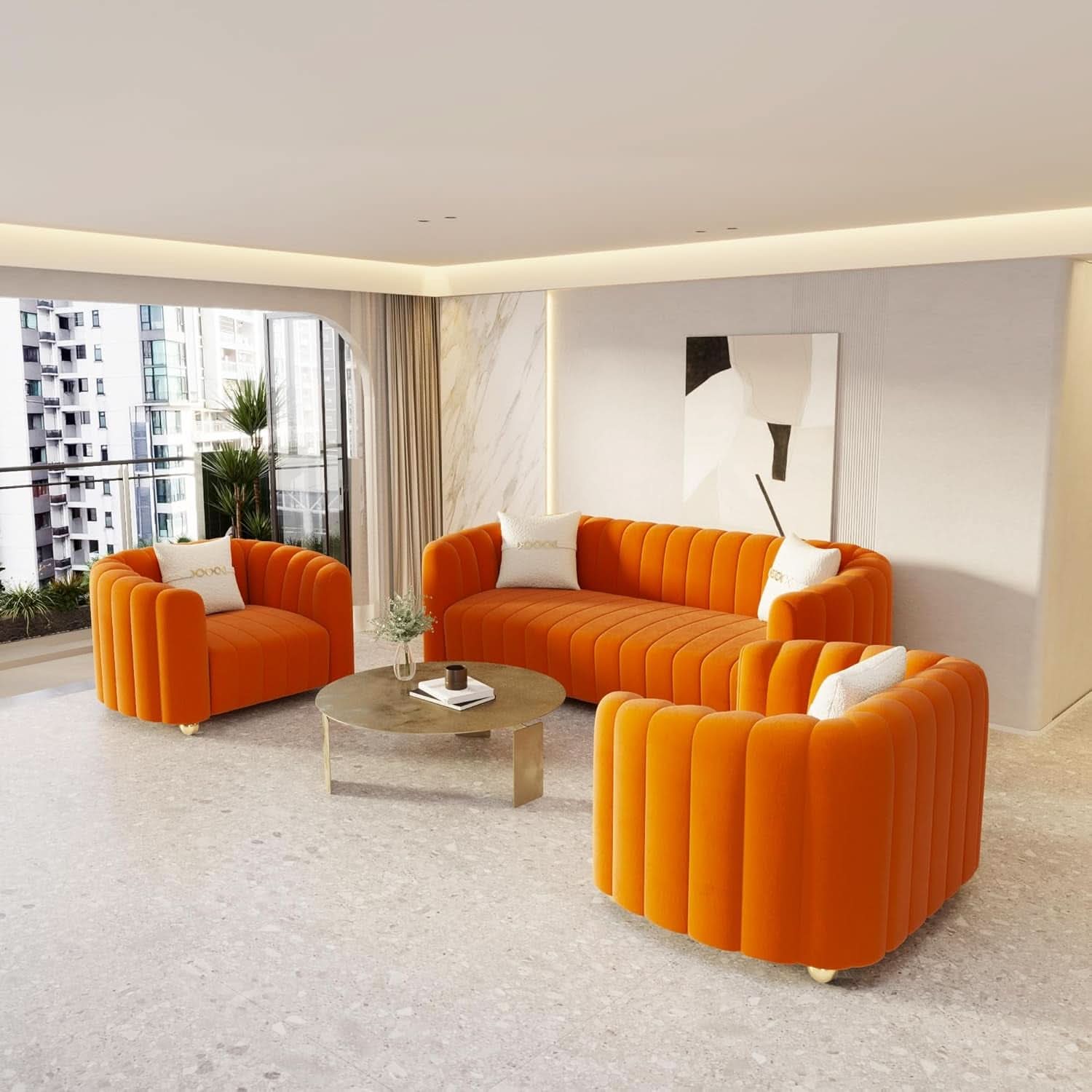 Orange Velvet Tufted Sofa Set With Gold Ball Legs Modern