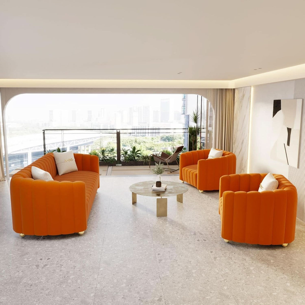 Orange Velvet Tufted Sofa Set With Gold Ball Legs Modern