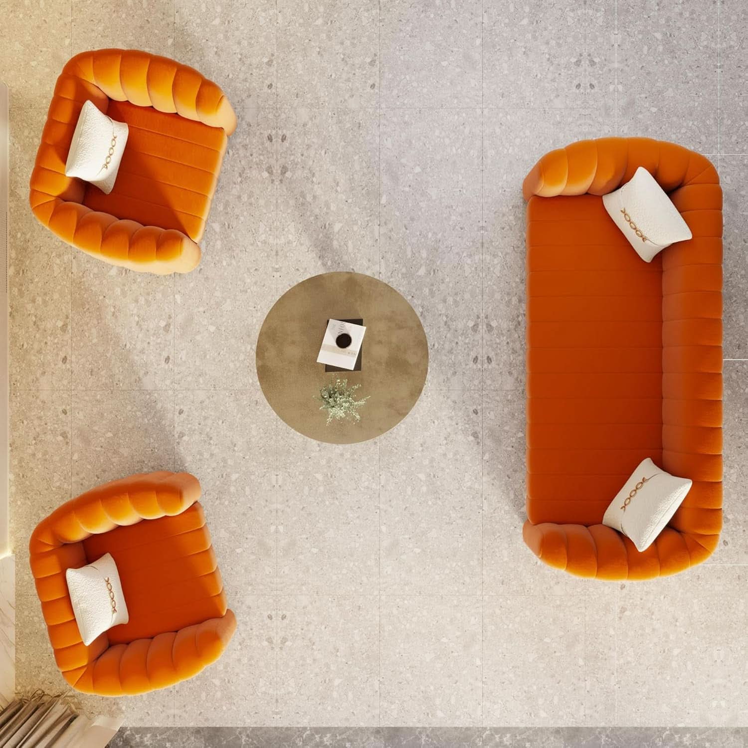 Orange Velvet Tufted Sofa Set With Gold Ball Legs Modern