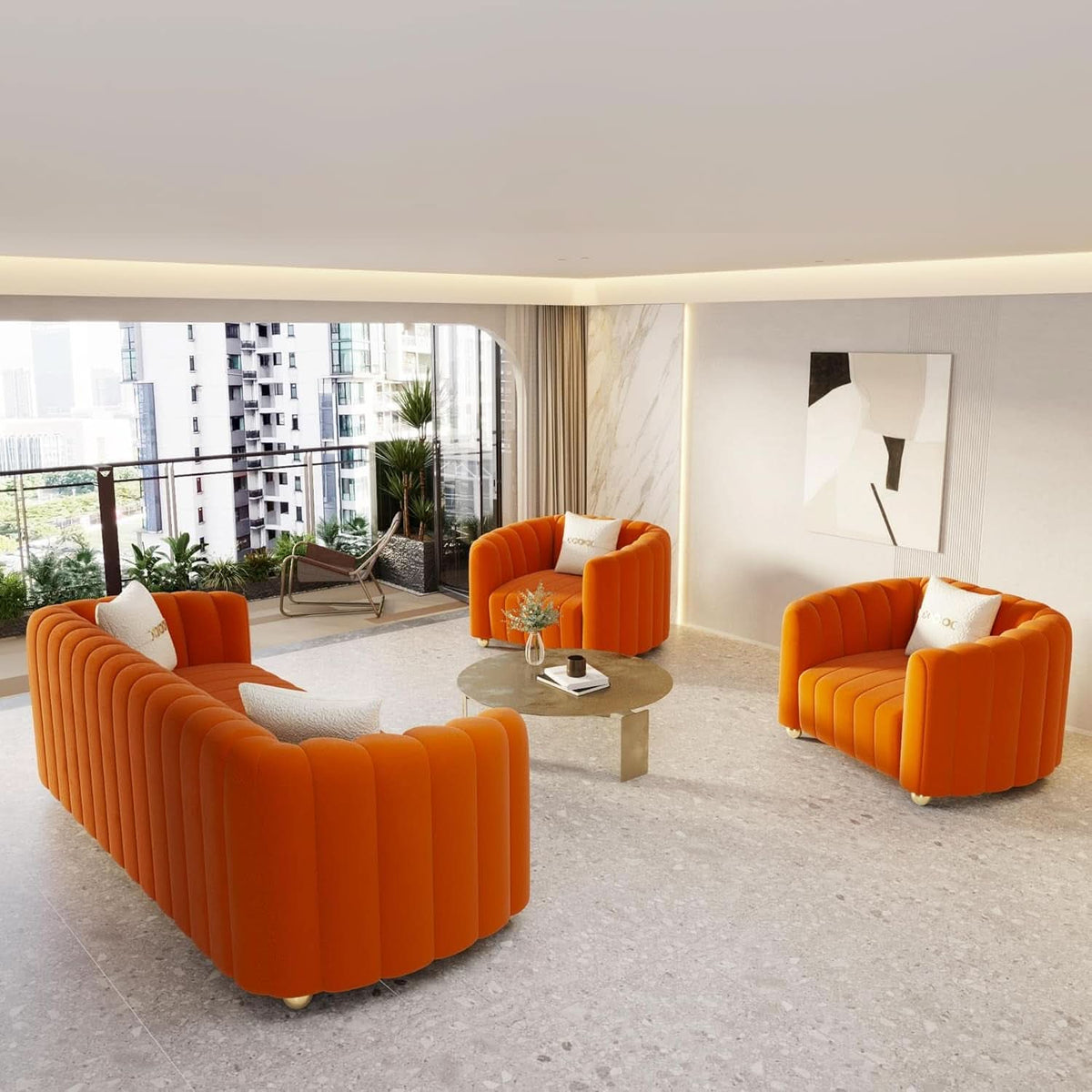 Orange Velvet Tufted Sofa Set With Gold Ball Legs Modern