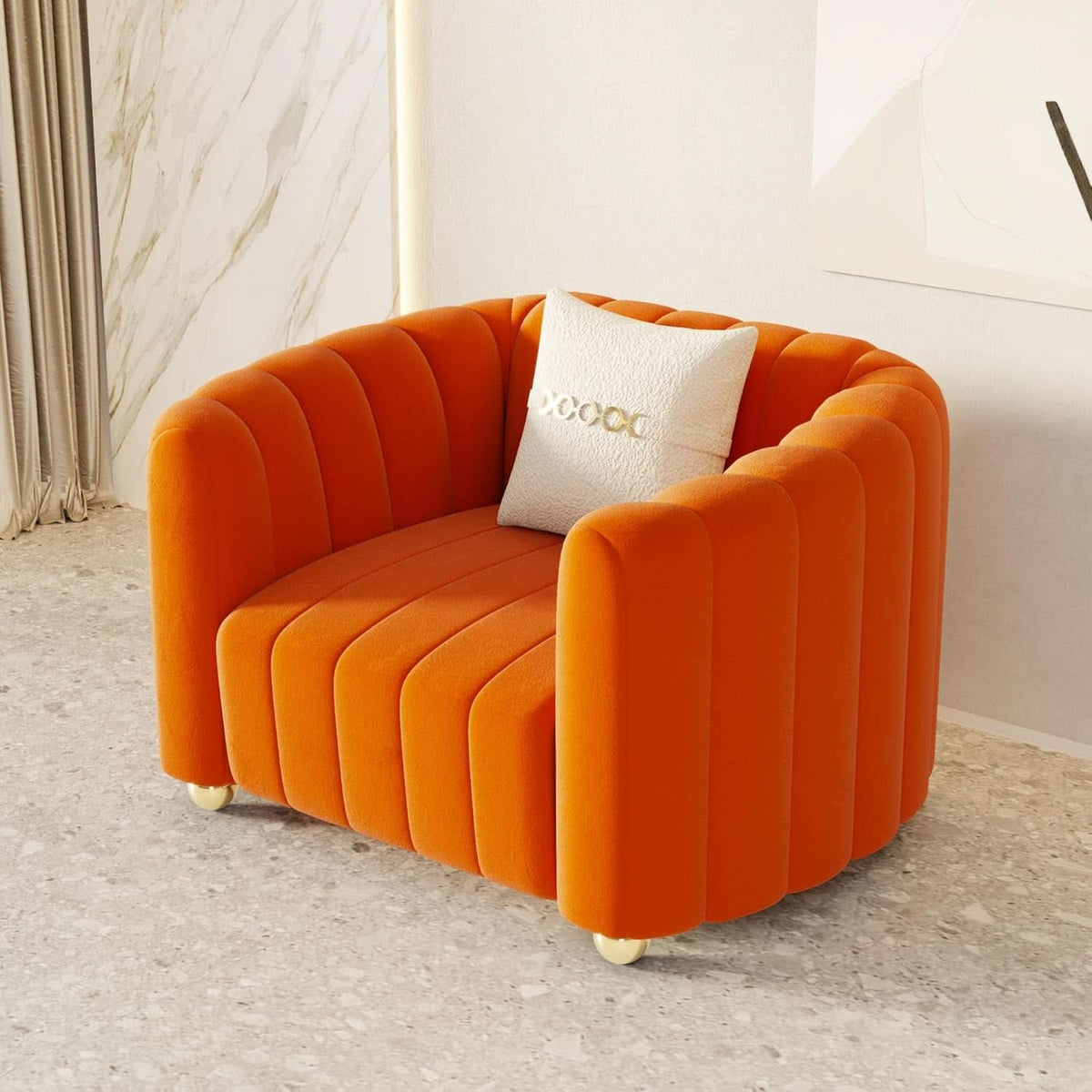 Orange Velvet Tufted Sofa Set With Gold Ball Legs Modern