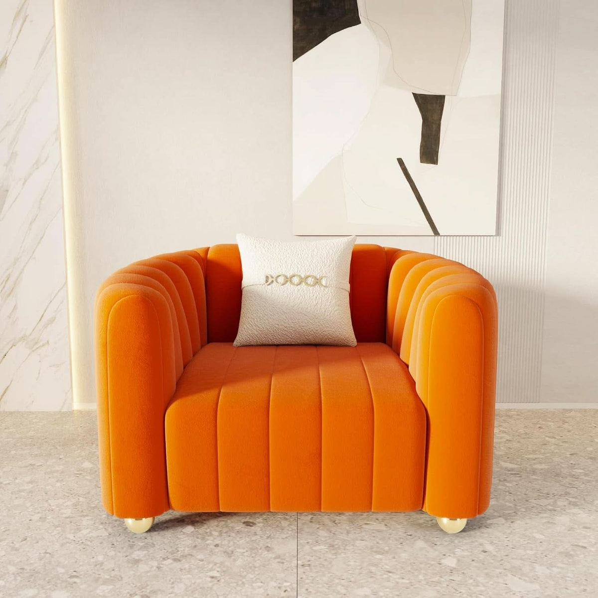 Orange Velvet Tufted Sofa Set With Gold Ball Legs Modern