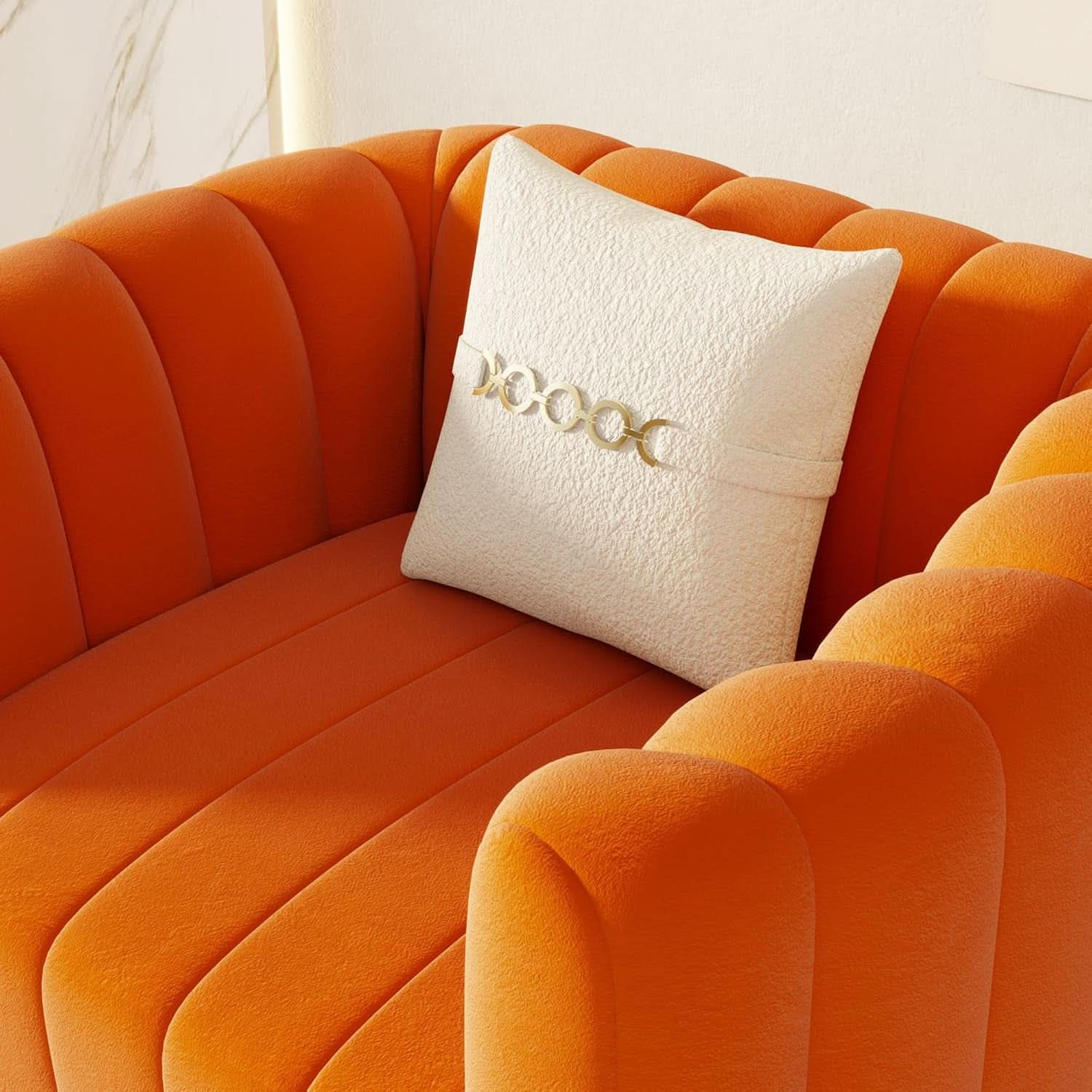 Orange Velvet Tufted Sofa Set With Gold Ball Legs Modern