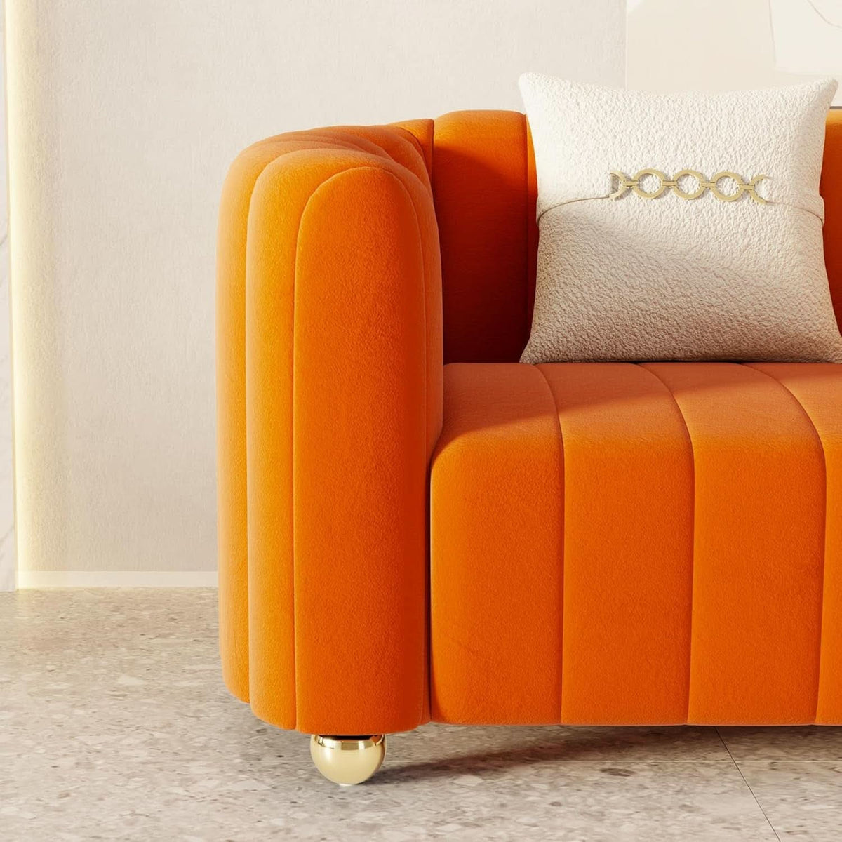 Orange Velvet Tufted Sofa Set With Gold Ball Legs Modern
