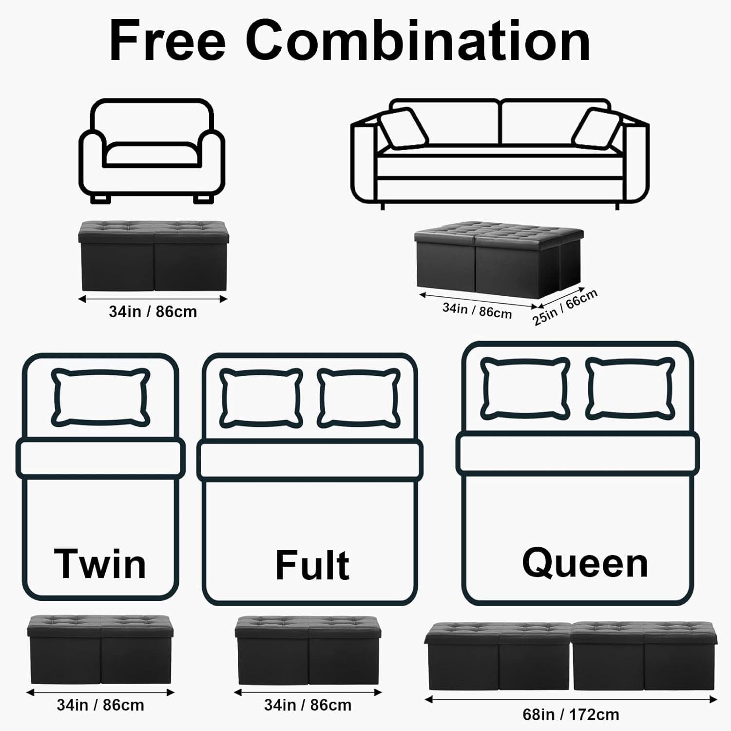 Ottoman With Premium Black Storage 34 Inch Dimension