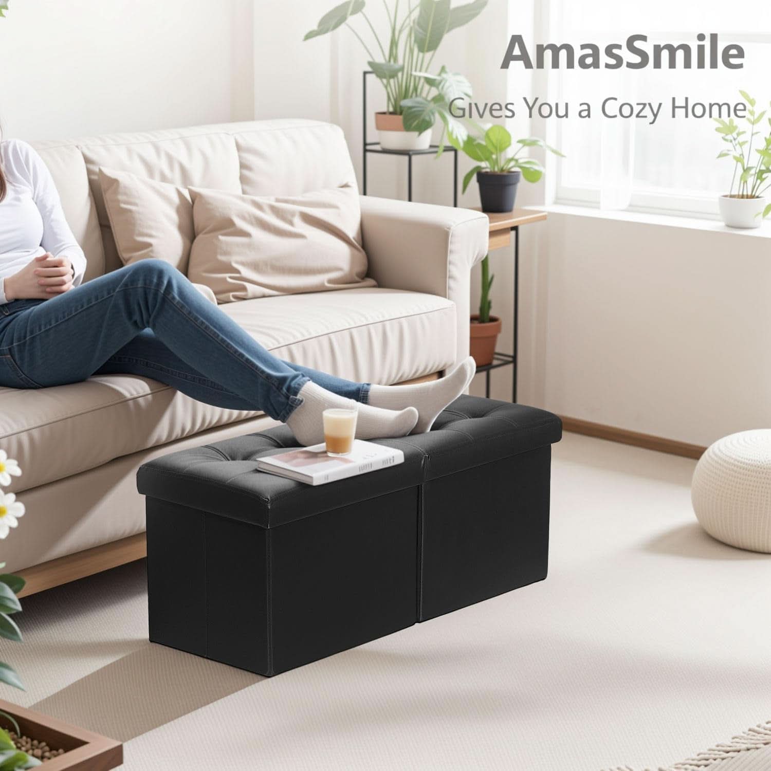 Ottoman With Premium Black Storage 34 Inch Dimension