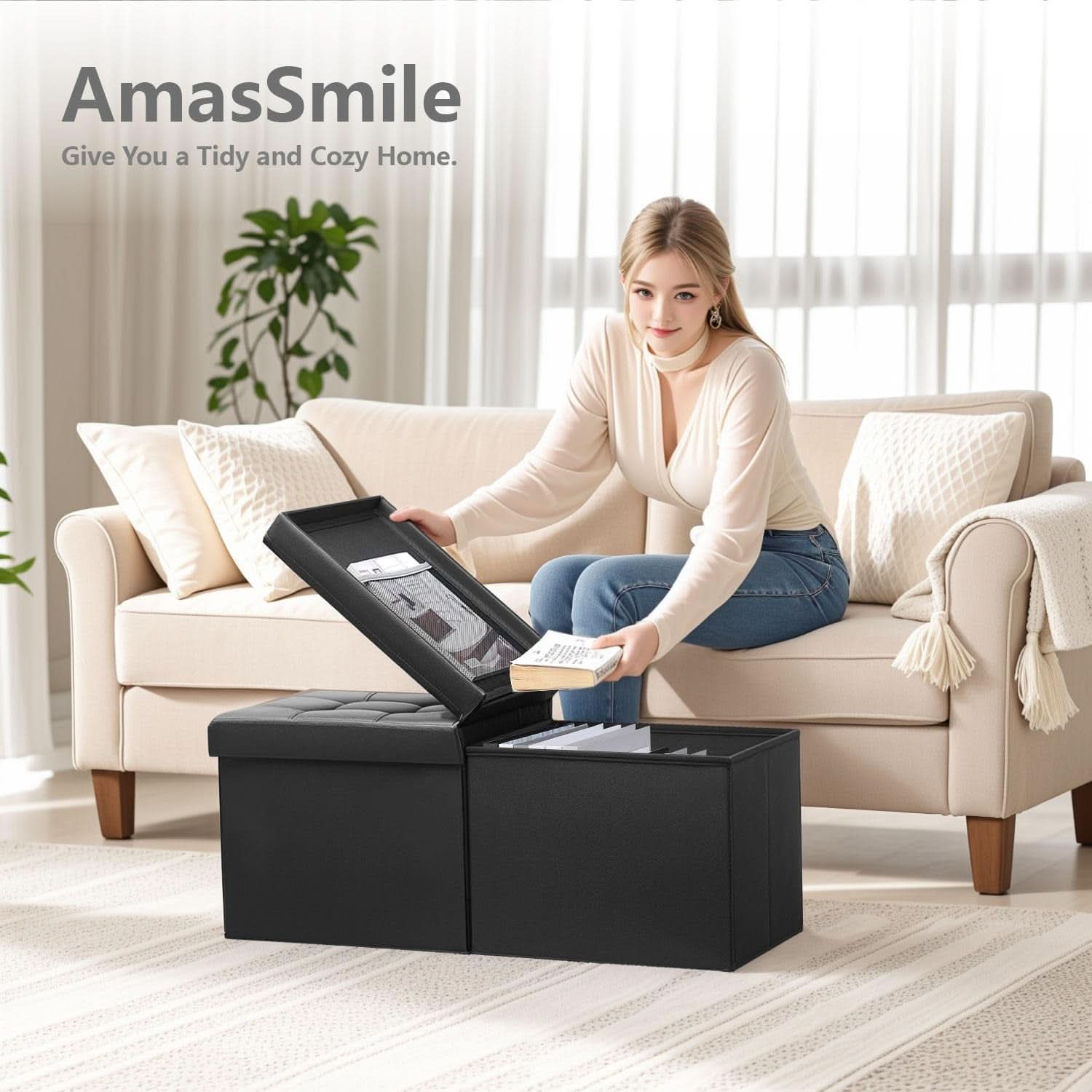 Ottoman With Premium Black Storage 34 Inch Dimension