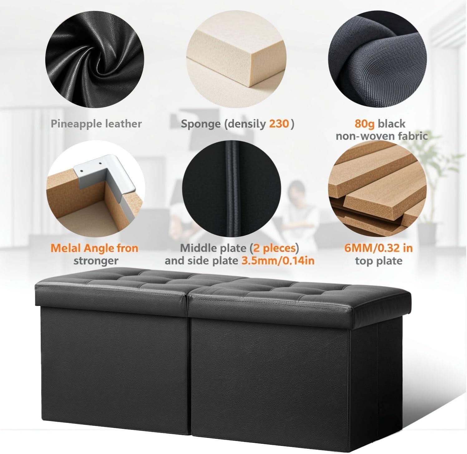 Ottoman With Premium Black Storage 34 Inch Dimension