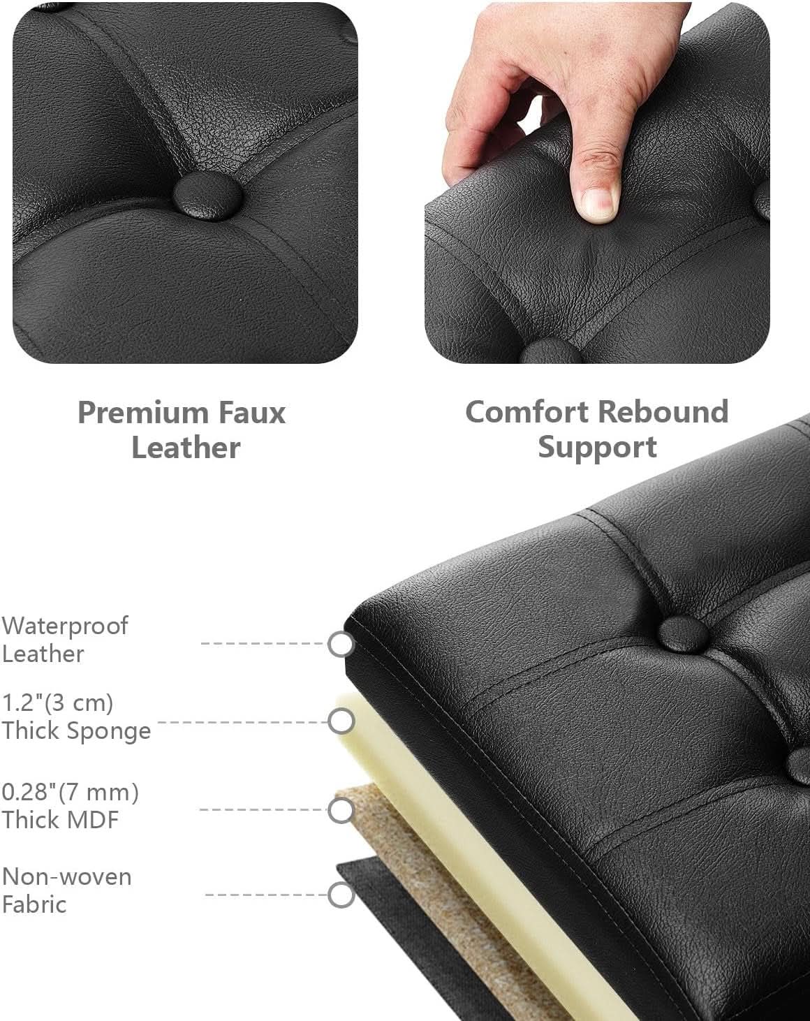Ottoman With Premium Black Storage 34 Inch Dimension