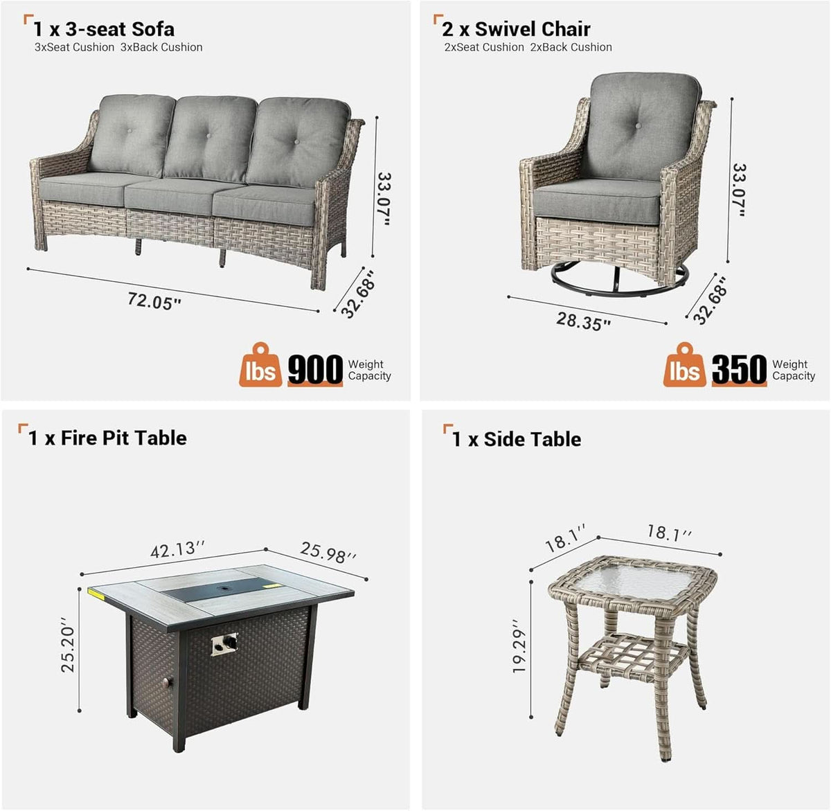 Outdoor 5 Piece Patio Set With Fire Pit Table Dark Grey
