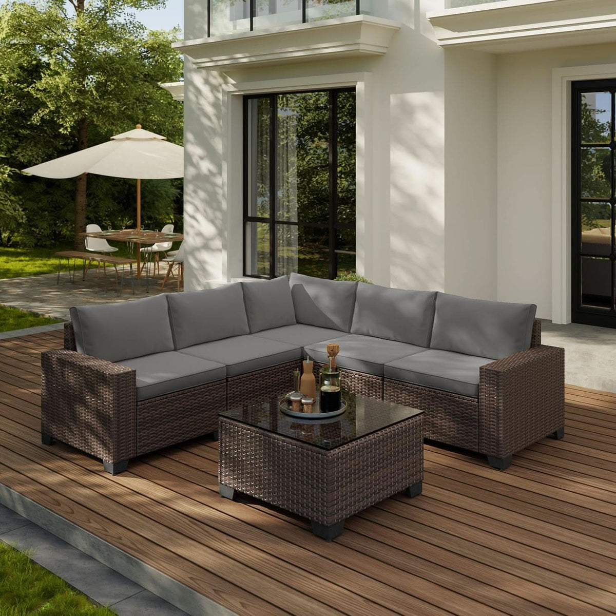 Outdoor 6-Piece Wicker Sectional Sofa Set with Cushions