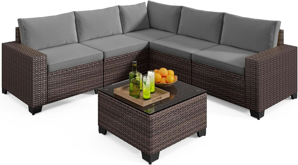 Outdoor 6-Piece Wicker Sectional Sofa Set with Cushions