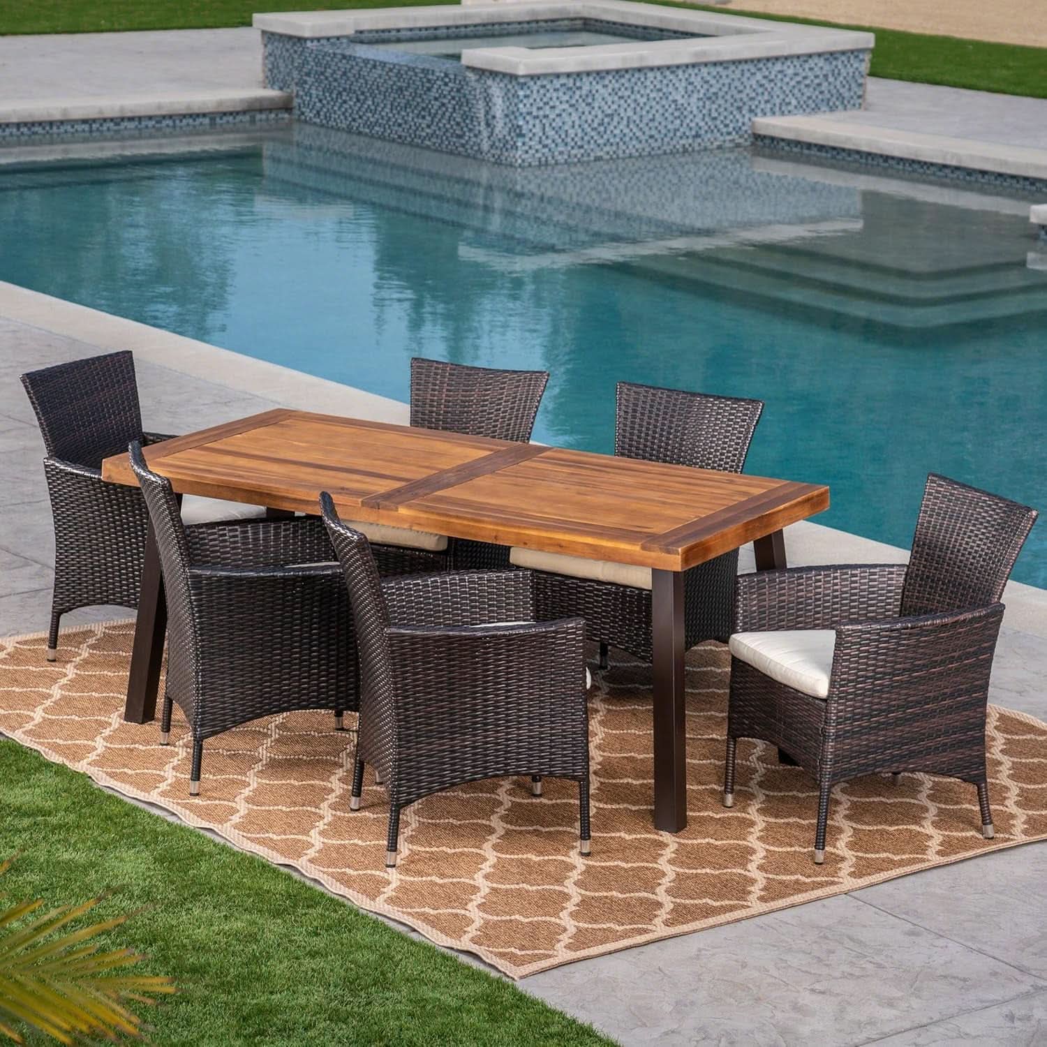 Outdoor 7 Piece Acacia Wood Wicker Dining Set Teak Finish
