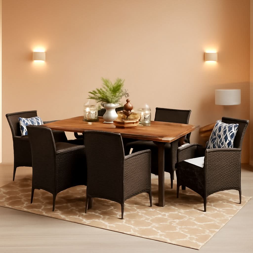 Outdoor 7 Piece Acacia Wood Wicker Dining Set Teak Finish