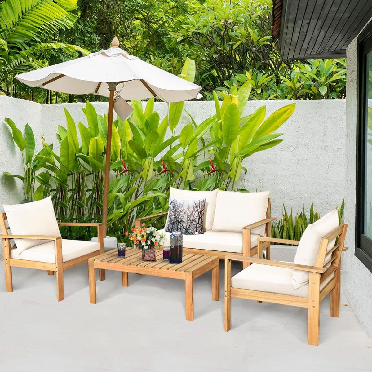 Outdoor Acacia Wood 4-Piece Chat Set Teak Finish Cushions