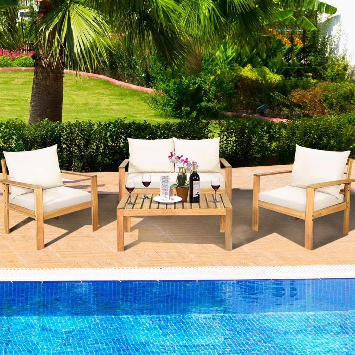 Outdoor Acacia Wood 4-Piece Chat Set Teak Finish Cushions