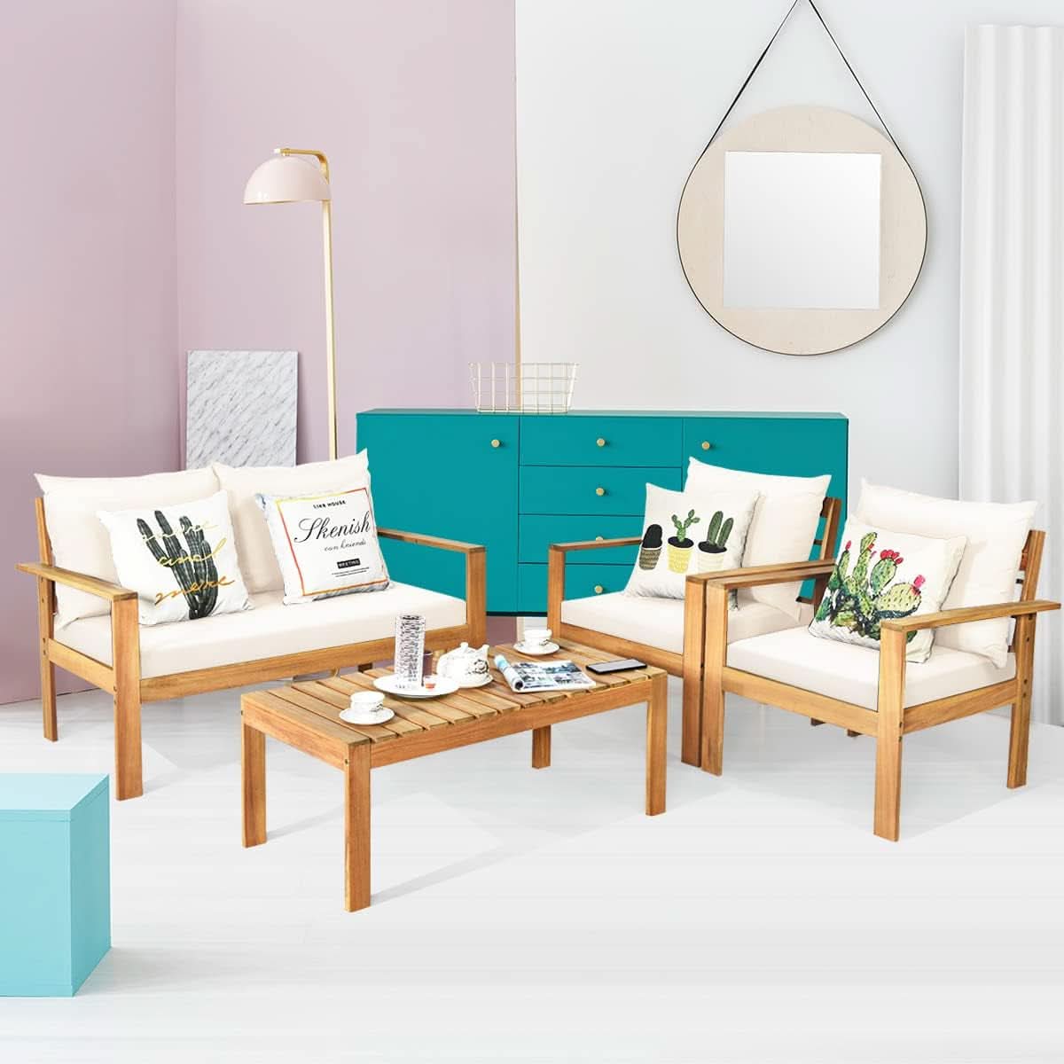Outdoor Acacia Wood 4-Piece Chat Set Teak Finish Cushions