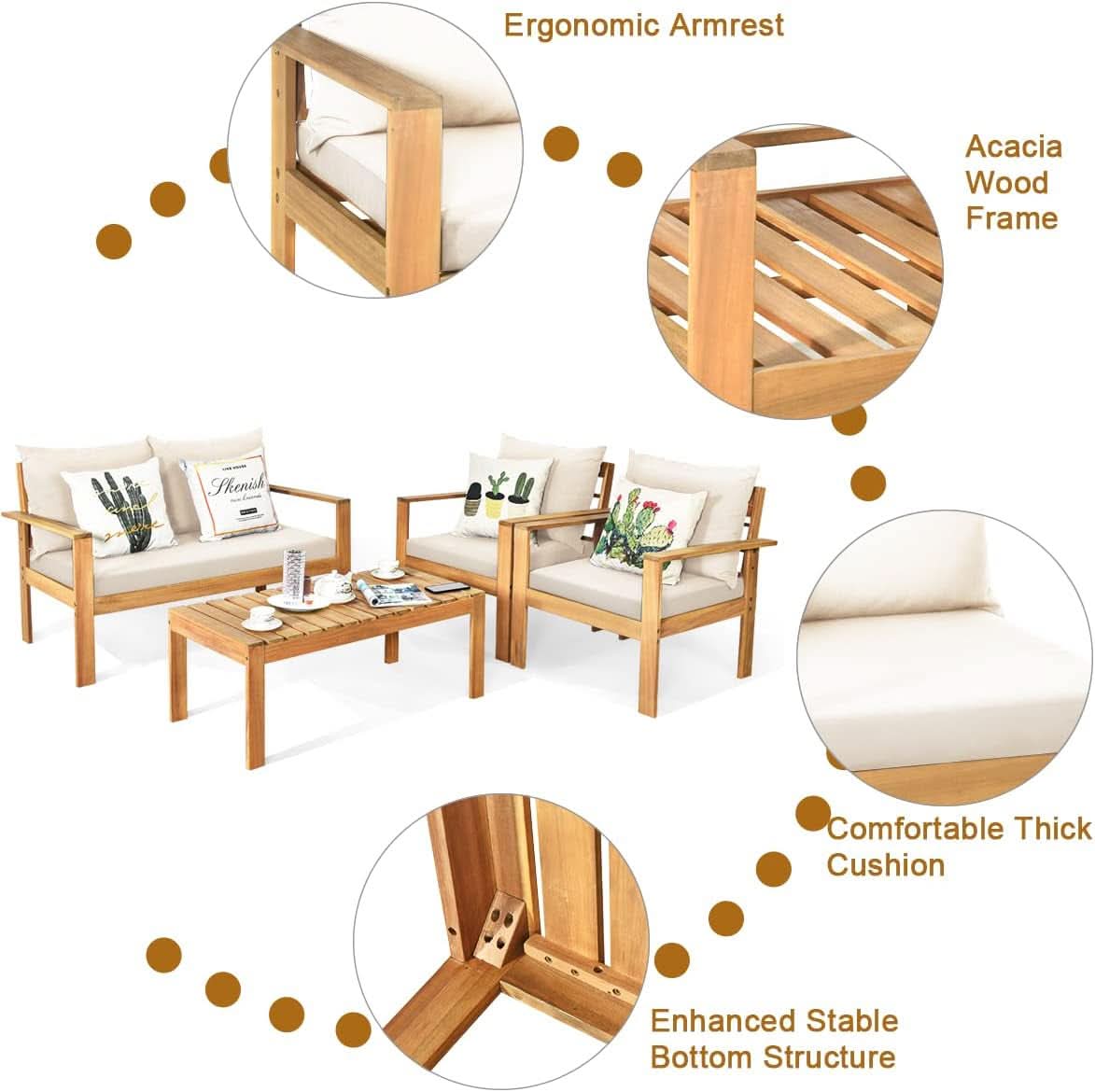 Outdoor Acacia Wood 4-Piece Chat Set Teak Finish Cushions