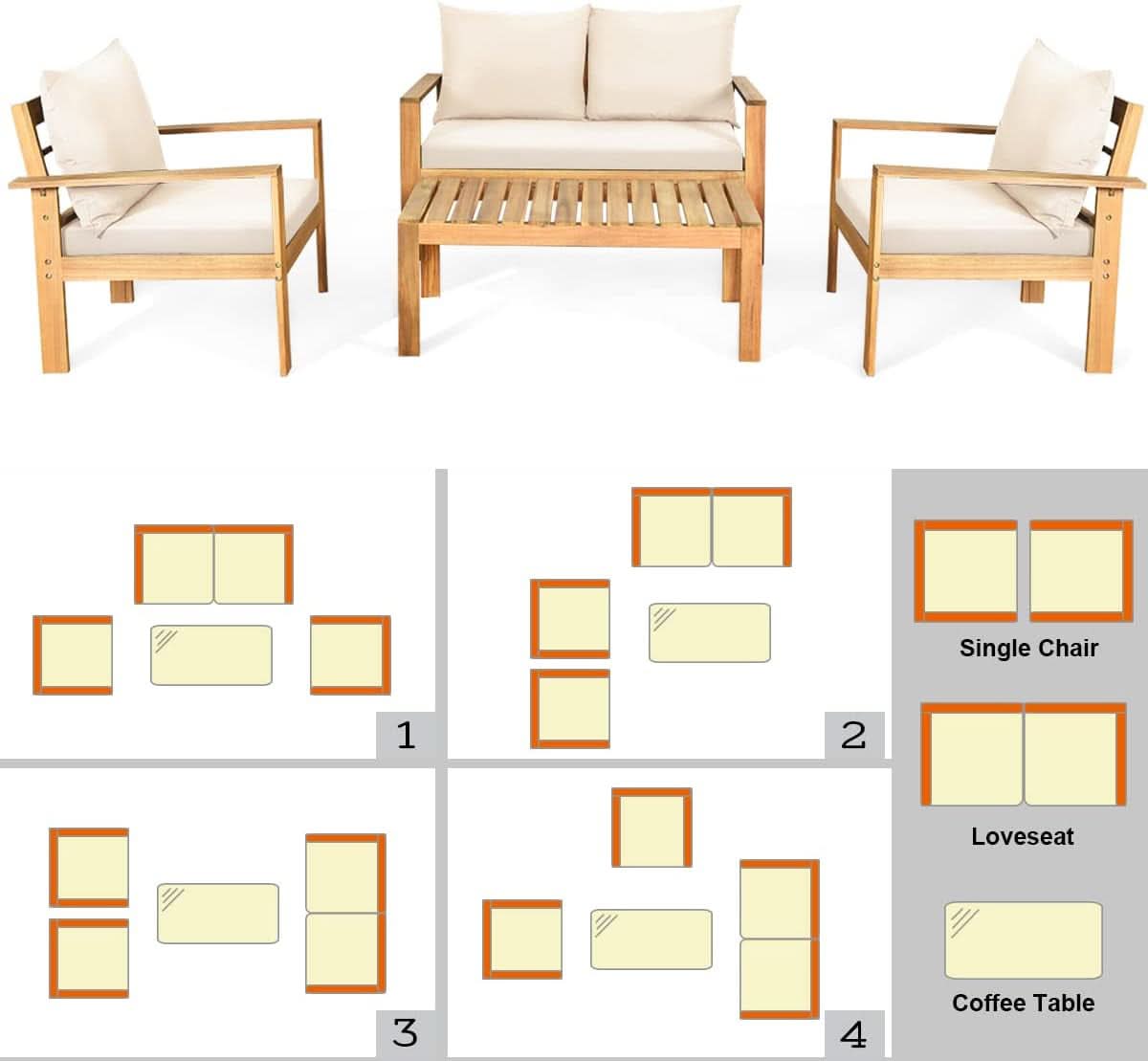 Outdoor Acacia Wood 4-Piece Chat Set Teak Finish Cushions