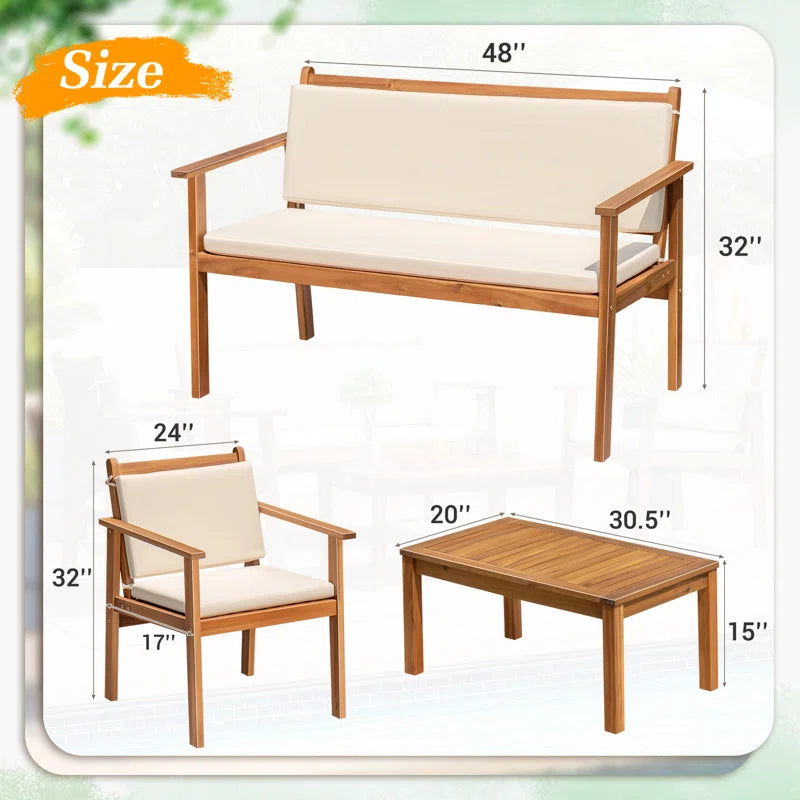Outdoor Acacia Wood 4 Piece Conversation Set With Cushions