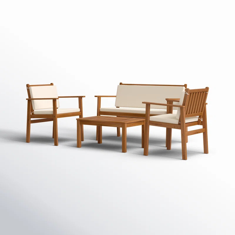 Outdoor Acacia Wood 4 Piece Conversation Set With Cushions