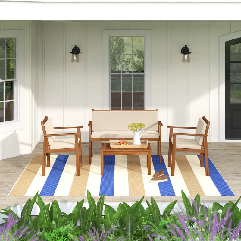 Outdoor Acacia Wood 4 Piece Conversation Set With Cushions