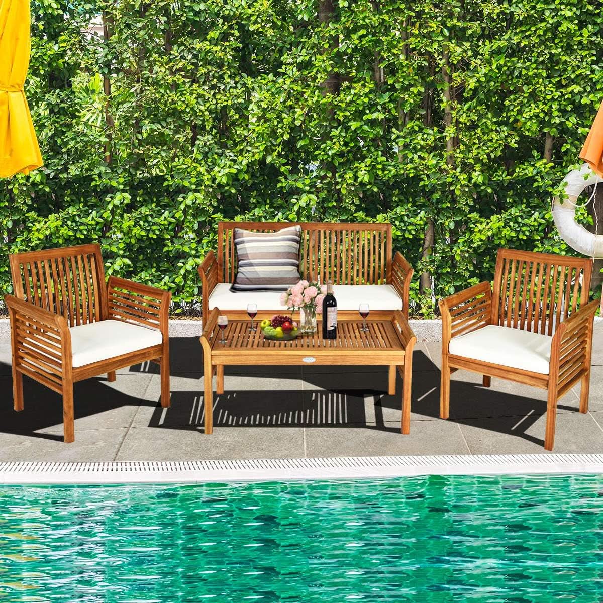 Outdoor Acacia Wood 4 Piece Sofa Set With Water Resistant Cushions Coffee Table