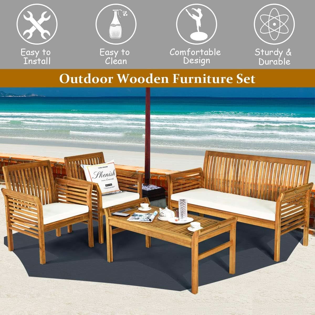 Outdoor Acacia Wood 4 Piece Sofa Set With Water Resistant Cushions Coffee Table