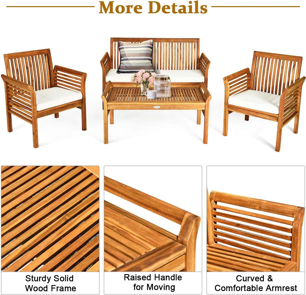 Outdoor Acacia Wood 4 Piece Sofa Set With Water Resistant Cushions Coffee Table