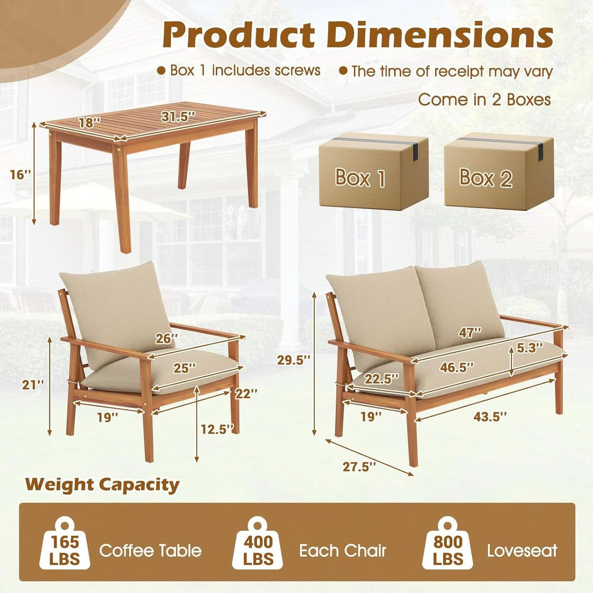 Outdoor Acacia Wood Patio Set With Cushions And Coffee Table