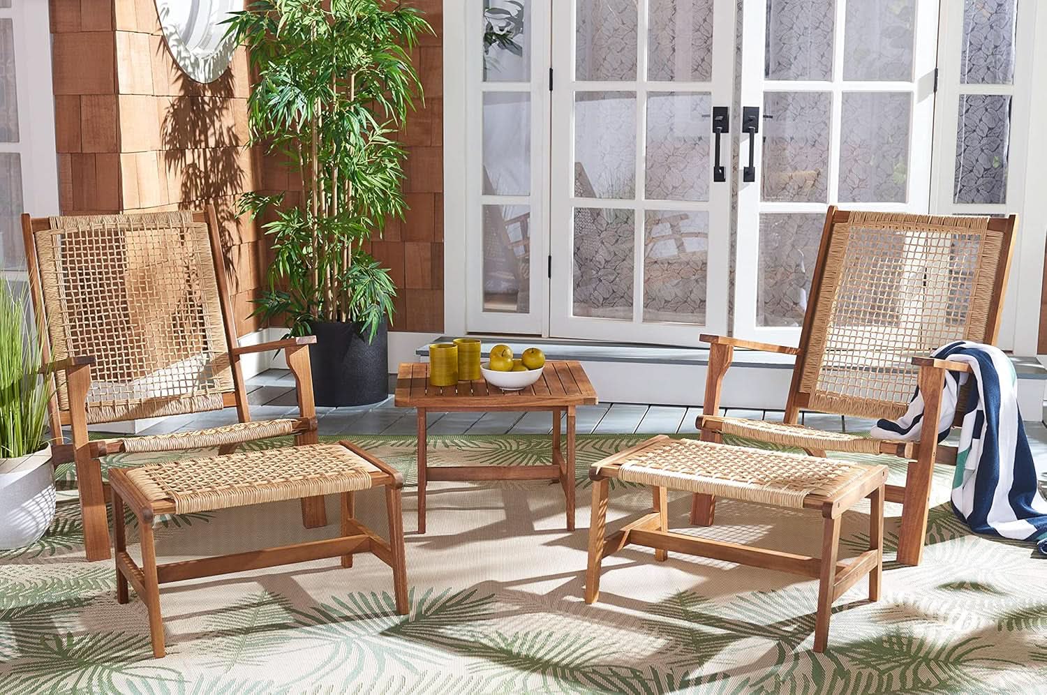 Outdoor Acacia Wood Woven Rattan 5 Piece Patio Set