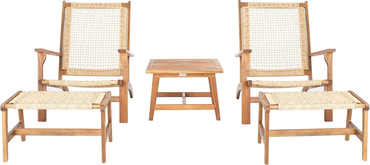 Outdoor Acacia Wood Woven Rattan 5 Piece Patio Set