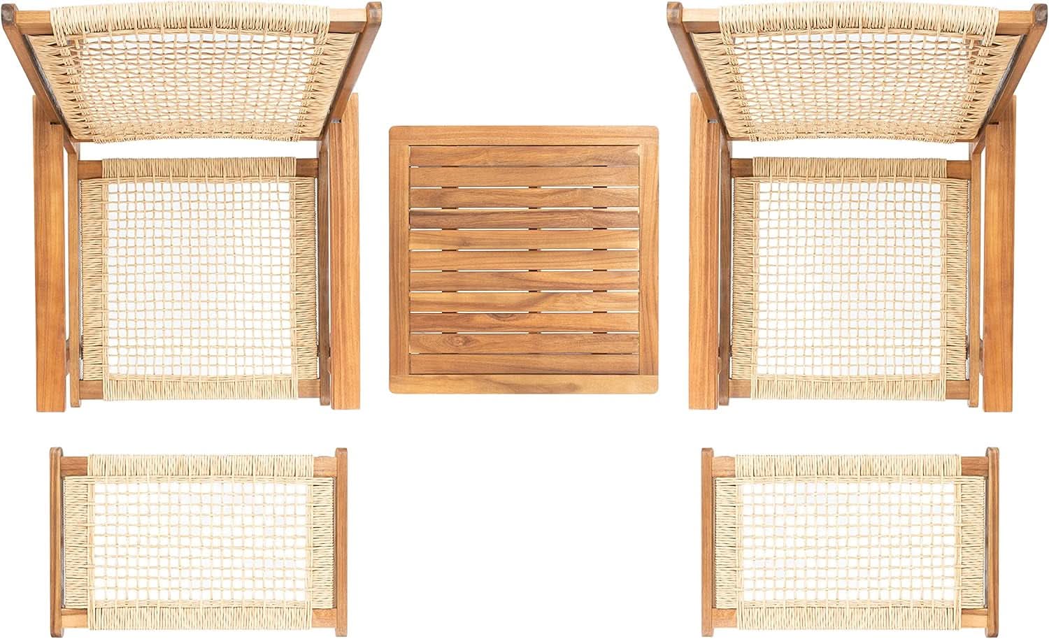 Outdoor Acacia Wood Woven Rattan 5 Piece Patio Set