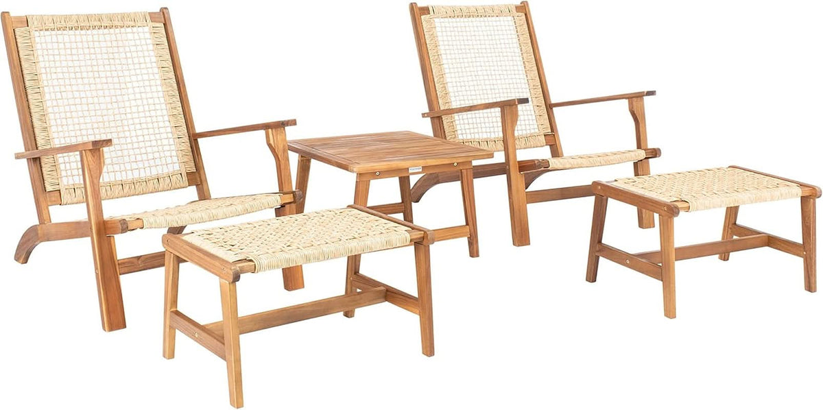 Outdoor Acacia Wood Woven Rattan 5 Piece Patio Set