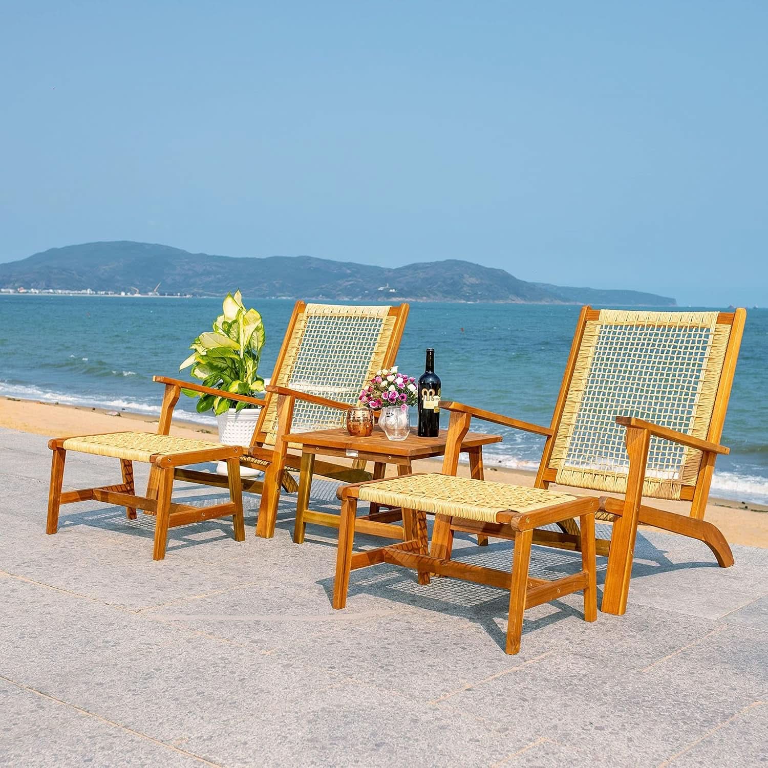 Outdoor Acacia Wood Woven Rattan 5 Piece Patio Set