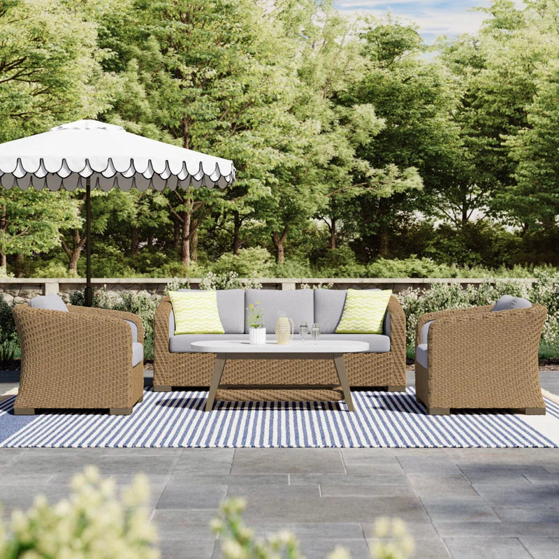 Outdoor All Weather Wicker Five Person Patio Conversation Set With Cushions