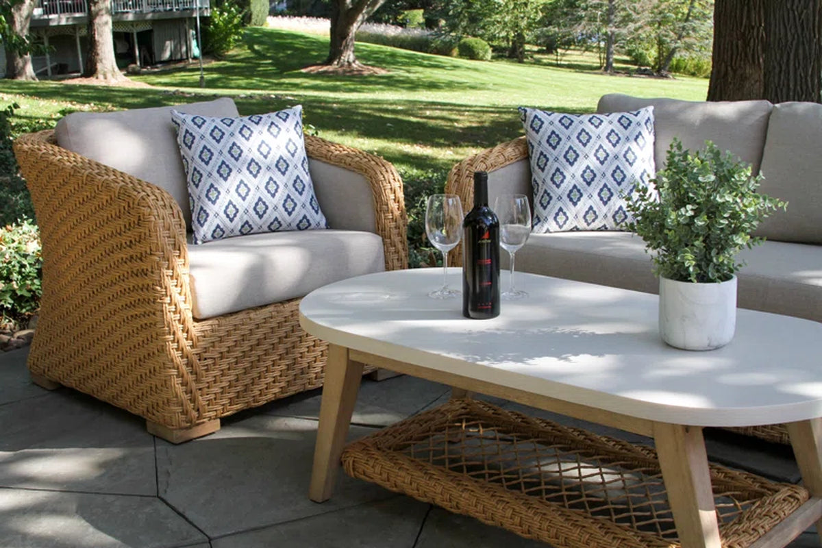 Outdoor All Weather Wicker Five Person Patio Conversation Set With Cushions