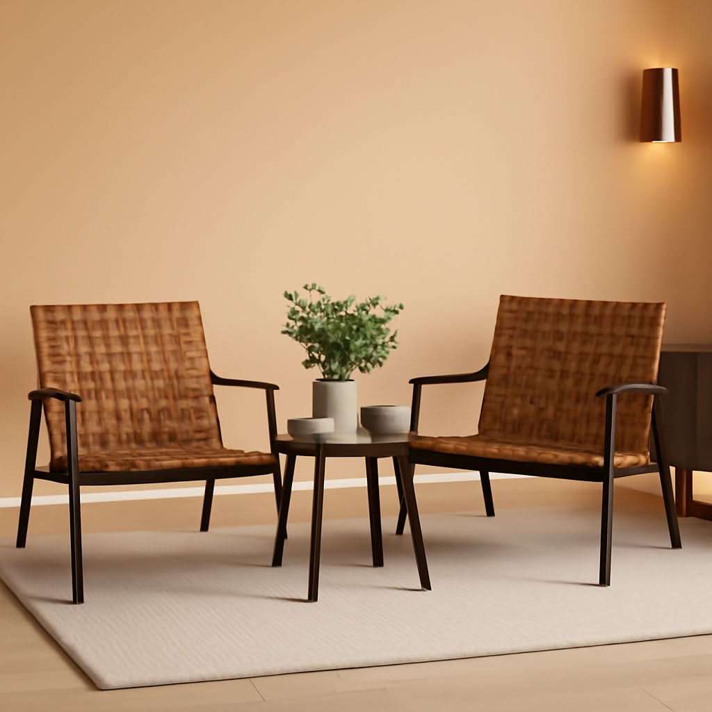 Outdoor Bistro Set 3 Piece Leather Look Wicker Table Brown