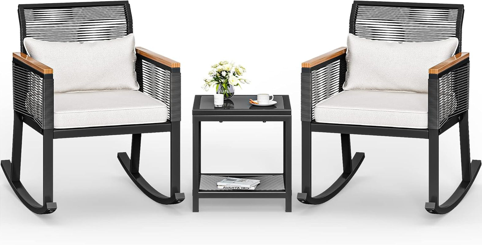 Outdoor Black Wicker Rocker Bistro Set With Wood Armrests