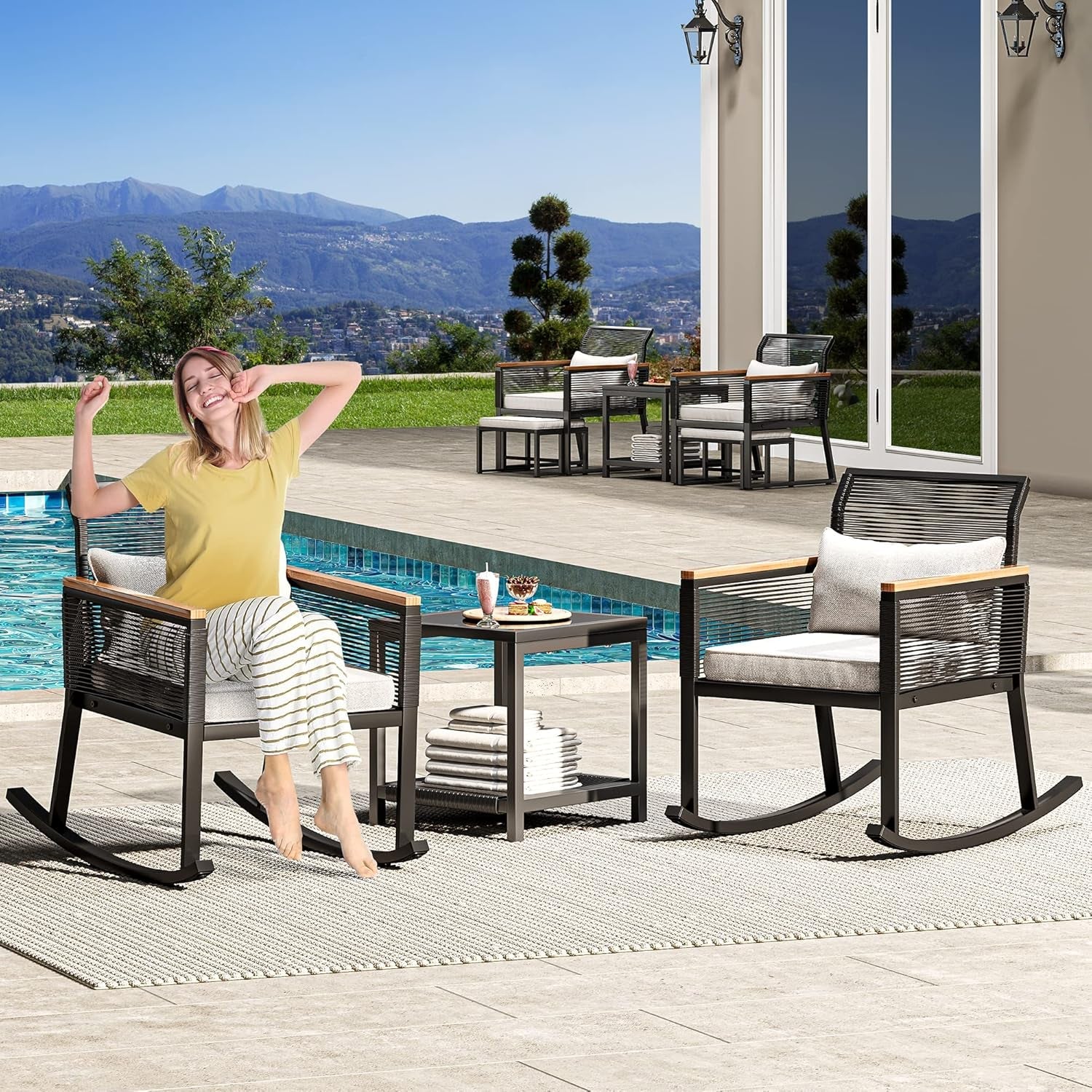 Outdoor Black Wicker Rocker Bistro Set With Wood Armrests