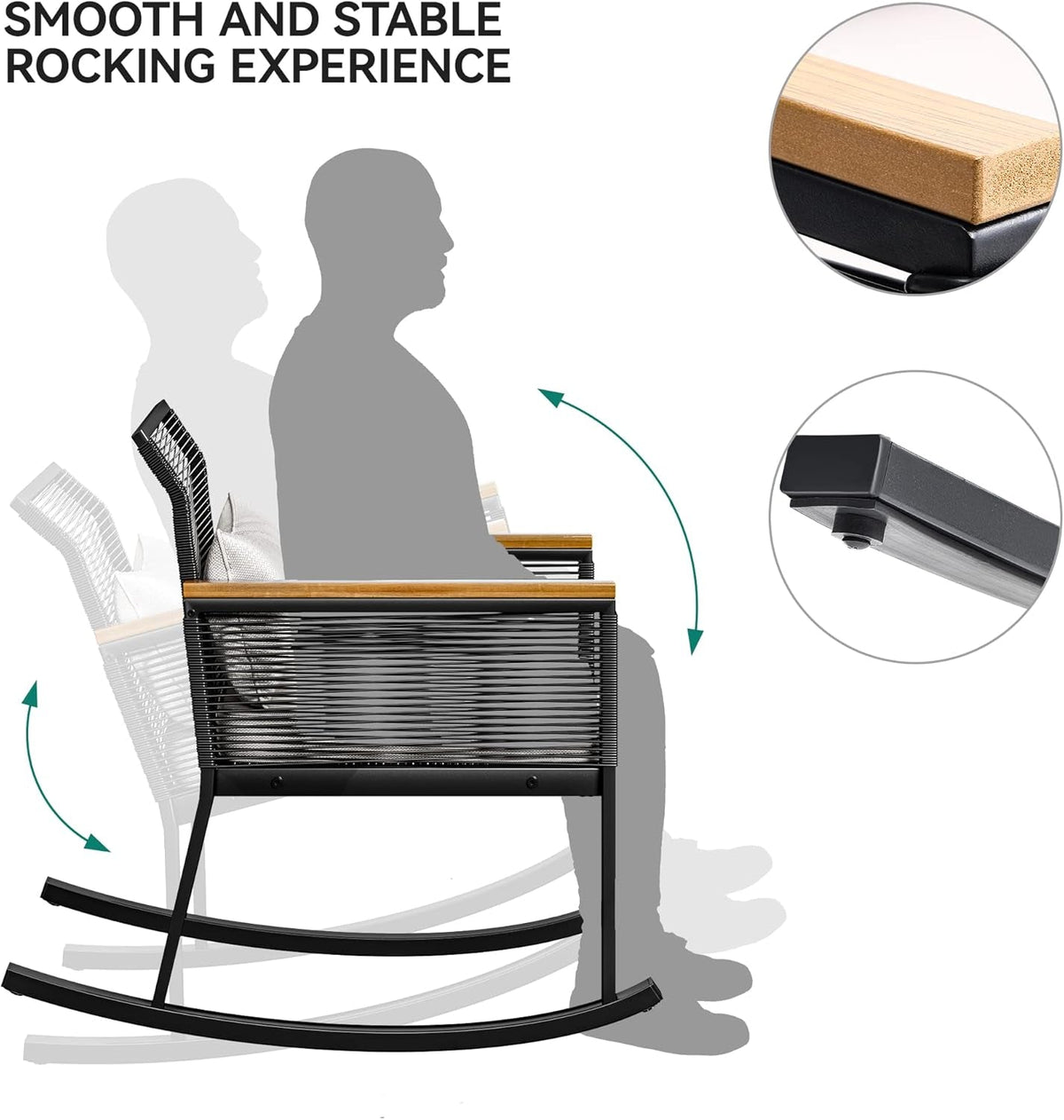 Outdoor Black Wicker Rocker Bistro Set With Wood Armrests