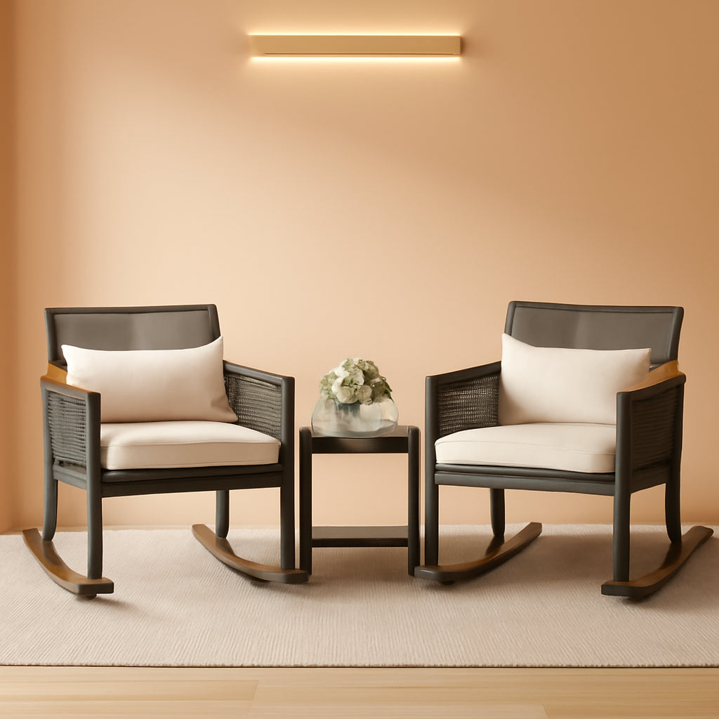 Outdoor Black Wicker Rocker Bistro Set With Wood Armrests