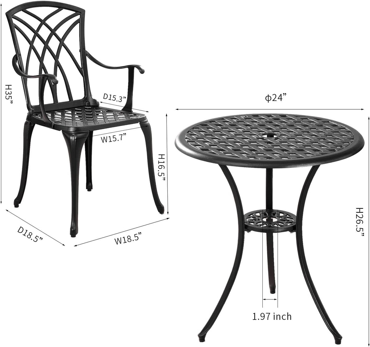 Outdoor Cast Aluminum Bistro Set 3 Piece Table And 2 Chairs Black