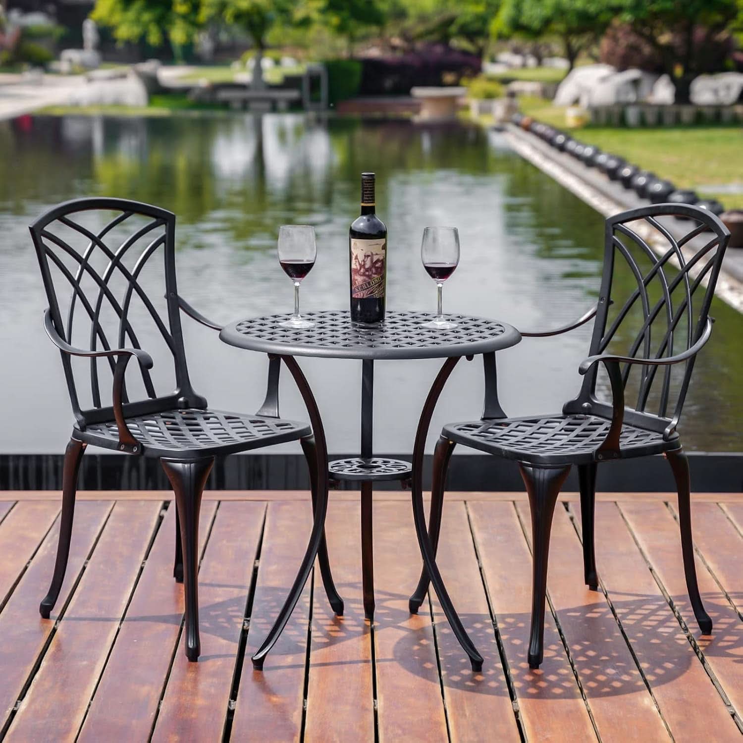 Outdoor Cast Aluminum Bistro Set 3 Piece Table And 2 Chairs Black